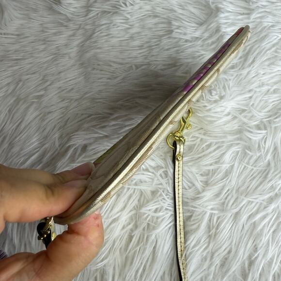 COACH Tan Gold Floral Signature Canvas Wristlet - Picture 3 of 9
